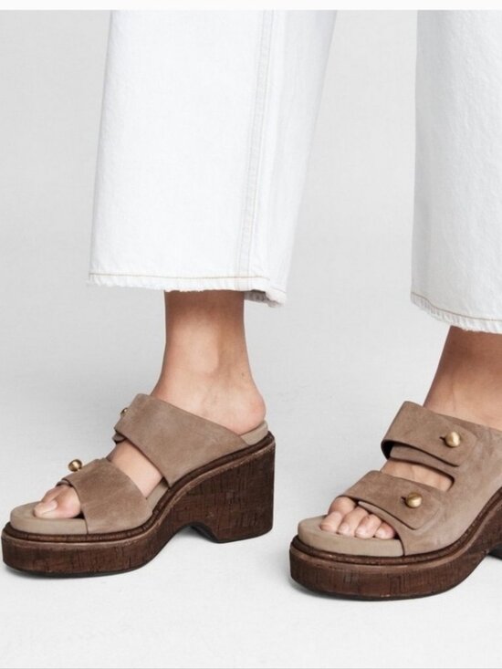 rag & bone Shoes - Womens Rag & Bone Taupe Suede Gold Button Platform Wedge Slide Sandals 39 US/9